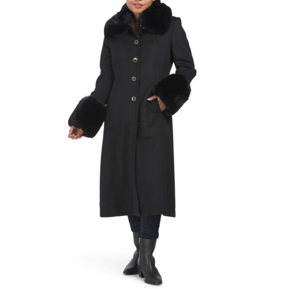 VINCE CAMUTO Black Wool Blend Faux Wrap Coat